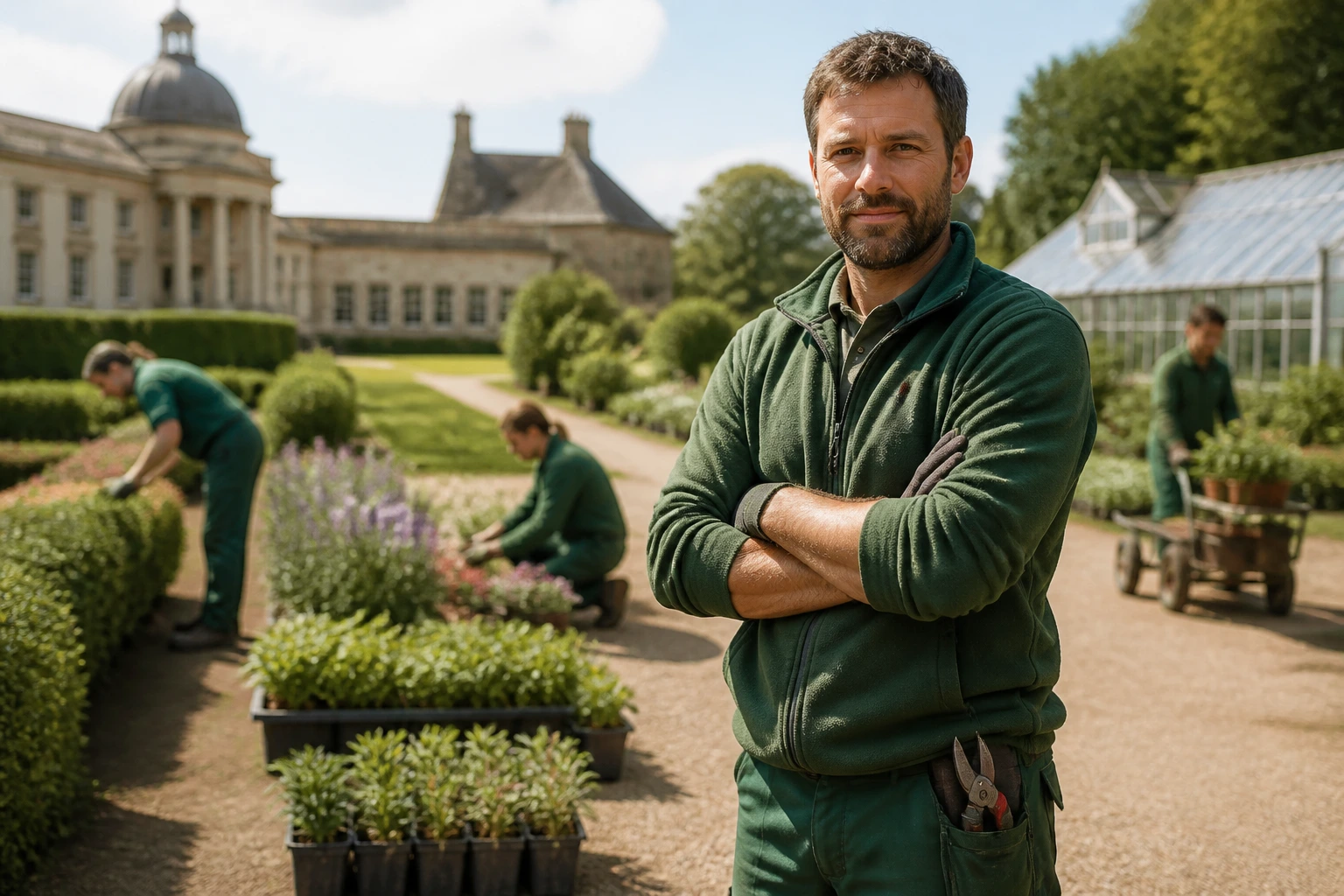 Gardener in workwear in a recruitment yard with estate silhouettes in background
