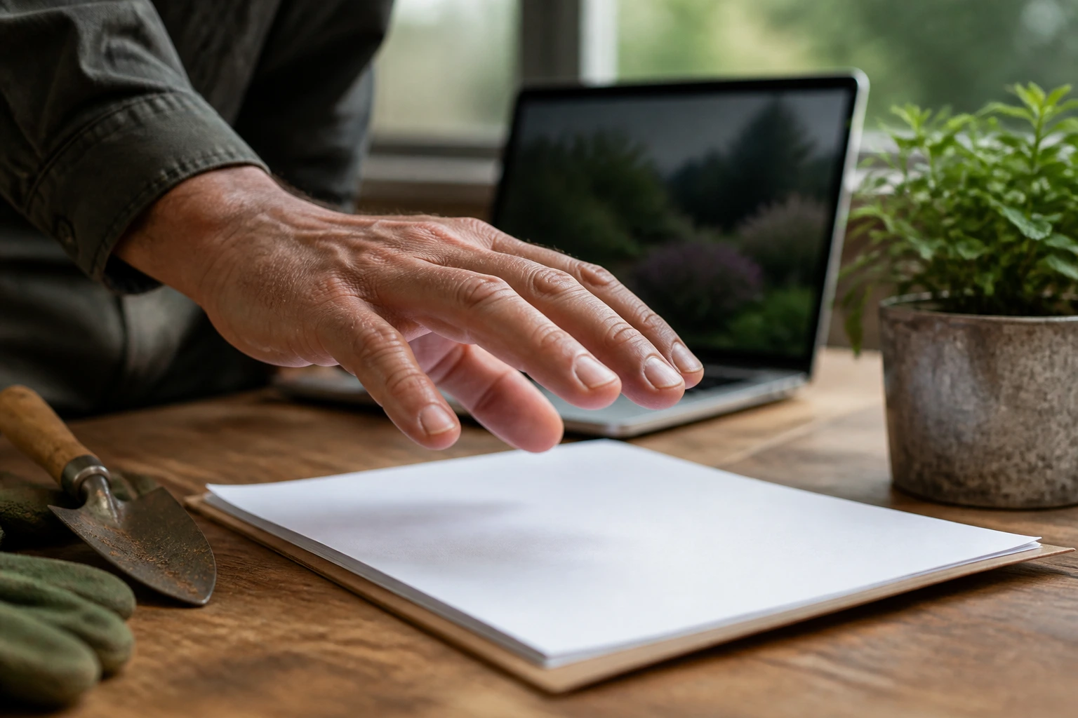 Close-up of a hand and a blank contract on a desk, illustrating sponsorship scams in gardening jobs