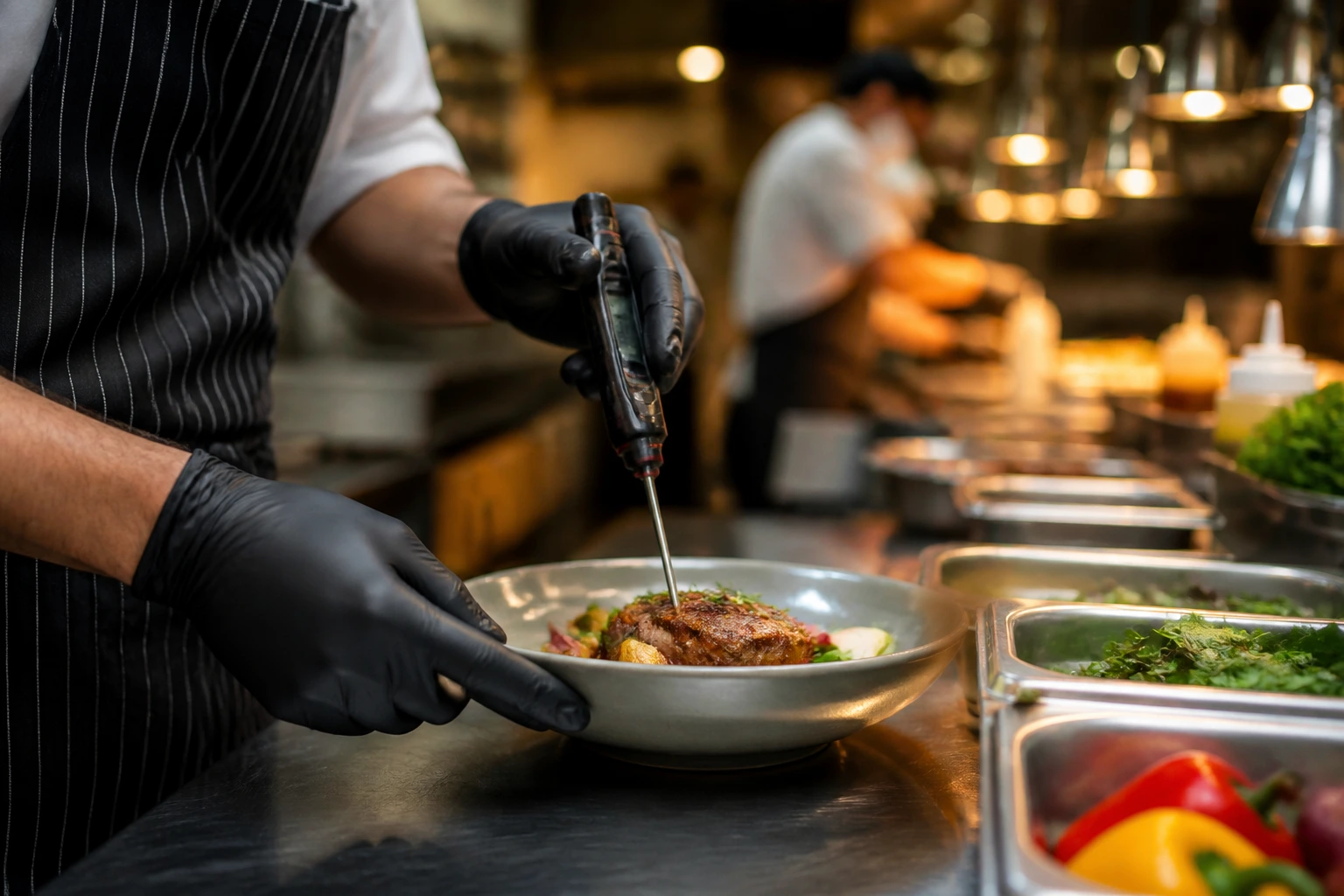 Close-up of a chef's gloved hands using a thermometer to check food safety in a busy kitchen