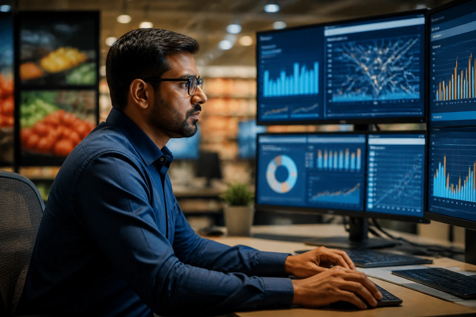 Close-up data scientist at desk with abstract retail analytics on monitors