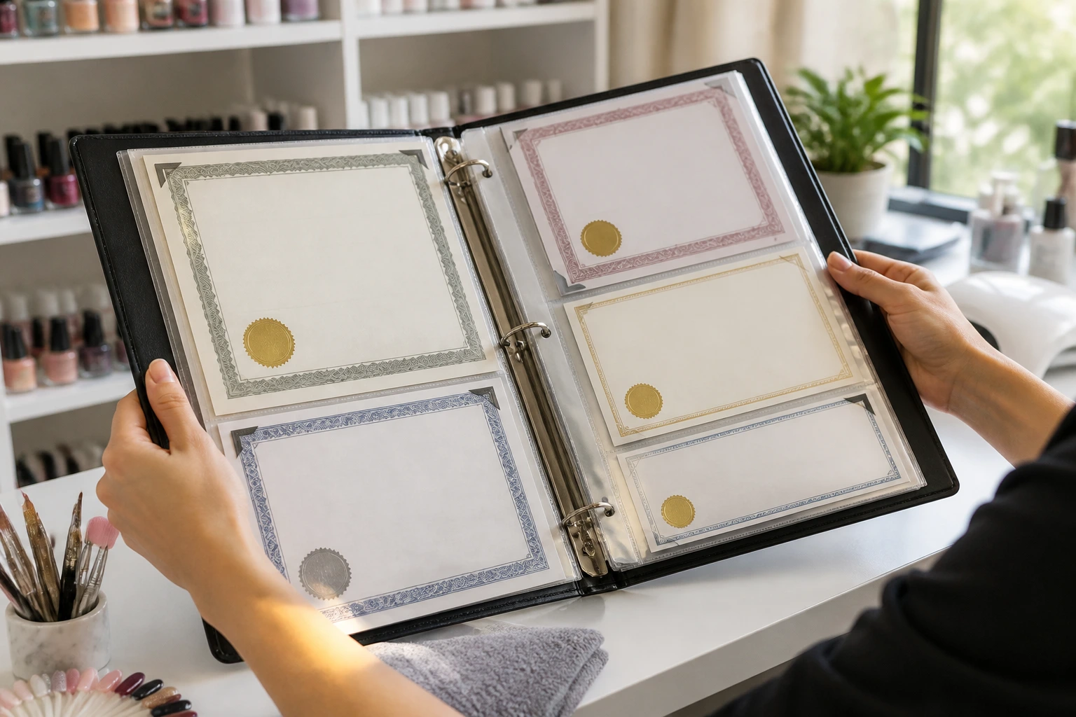 Hands holding a binder with training certificates