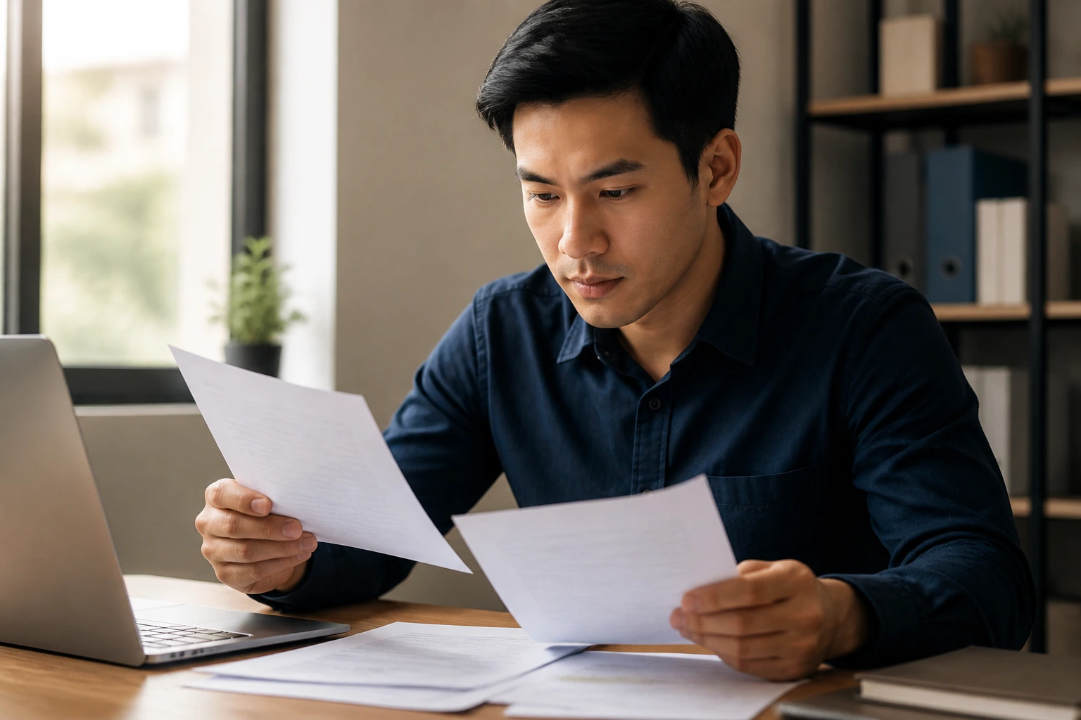Portrait of a hopeful applicant reviewing visa documents in an office