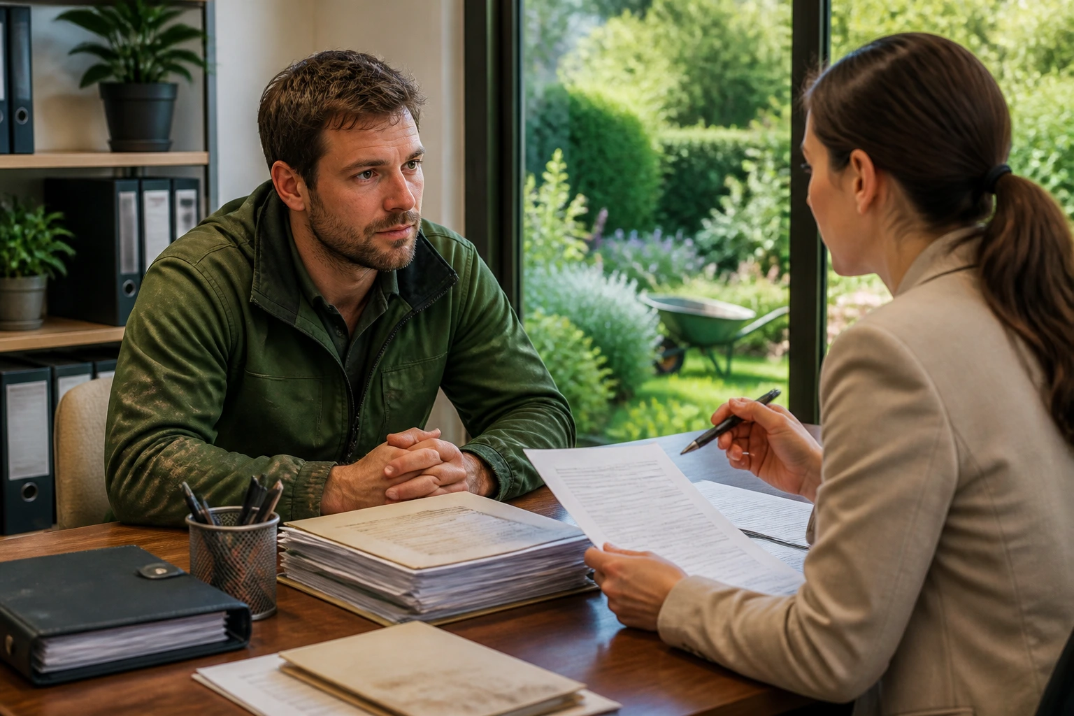 Gardener consulting with an advisor about the visa process in an office