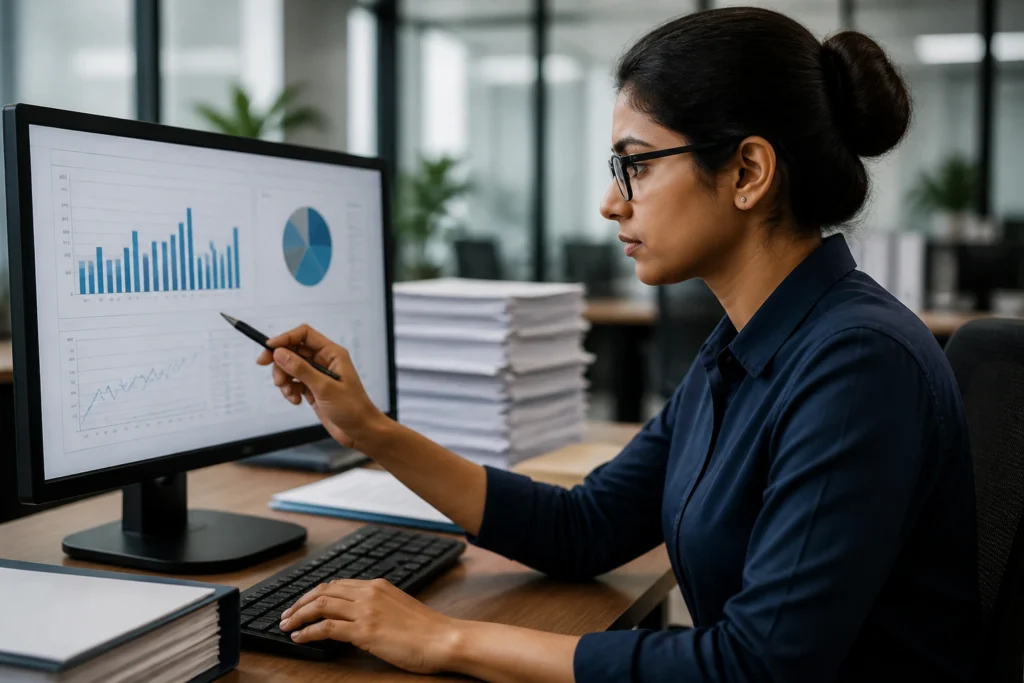 Professional at desk analyzing data as a pathway to visa sponsorship