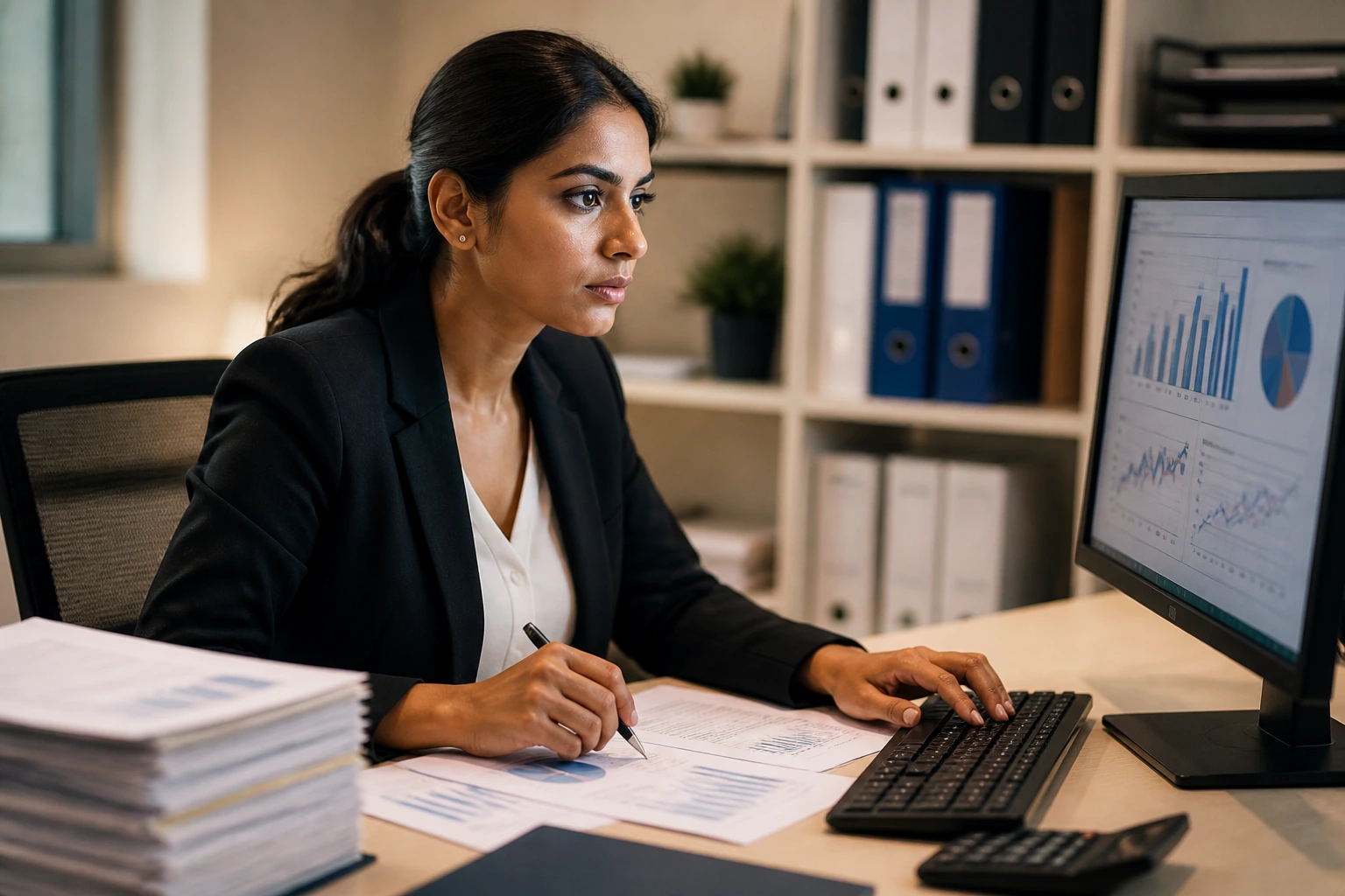 Professional at desk analyzing data as a pathway to visa sponsorship
