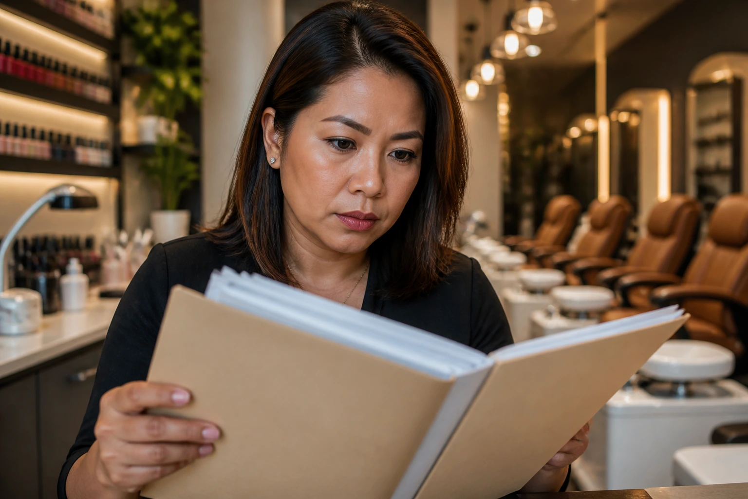 Salon owner reviewing documents in a salon office