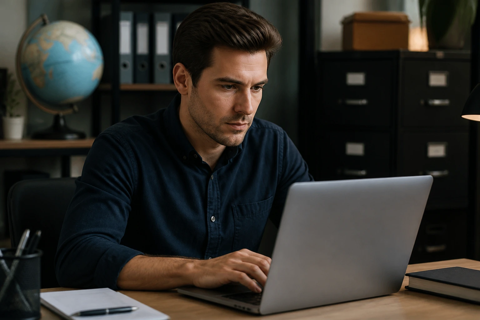 Person researching visa rules and licensing at a desk in an office