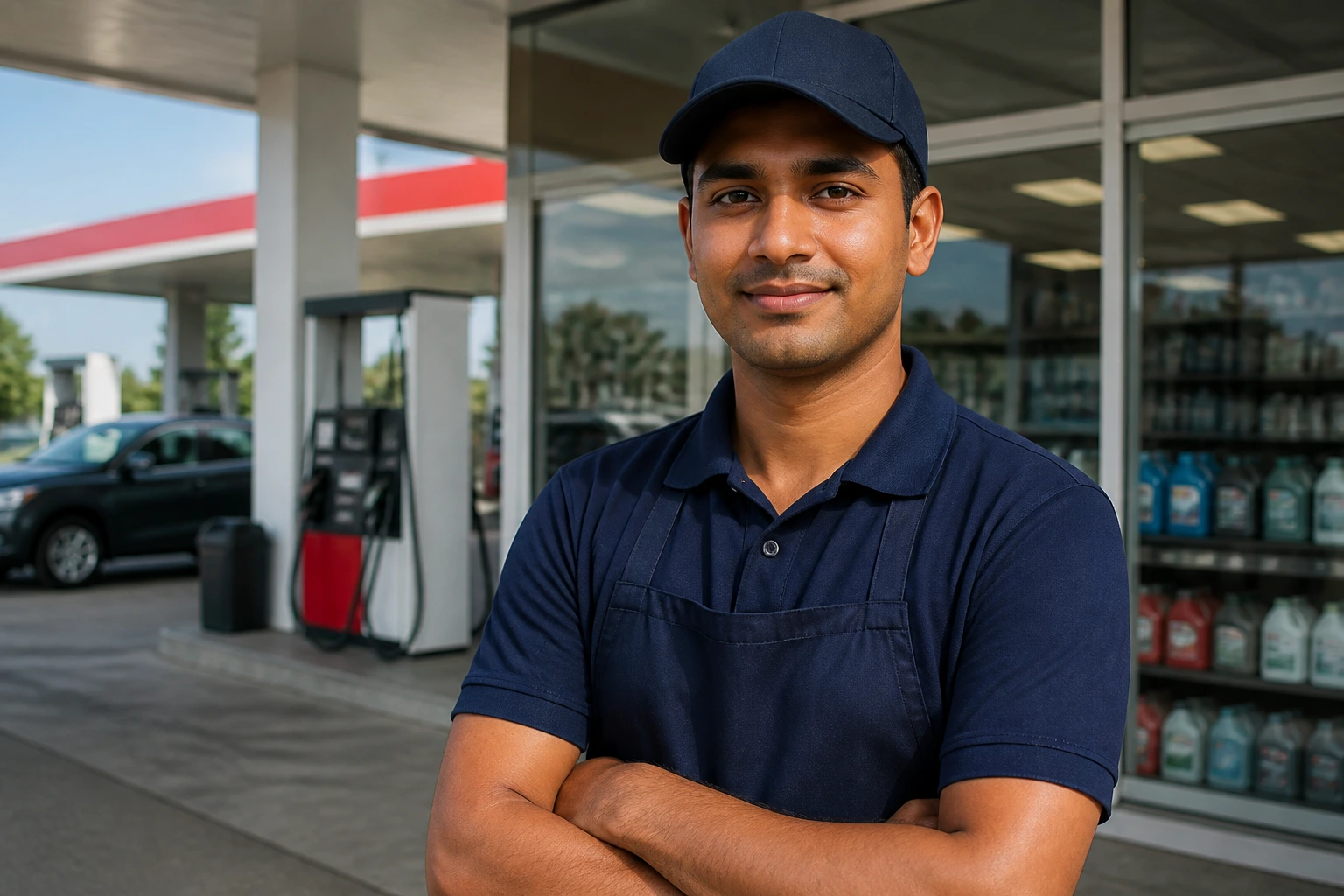 Gas station worker standing at the storefront as the focal subject