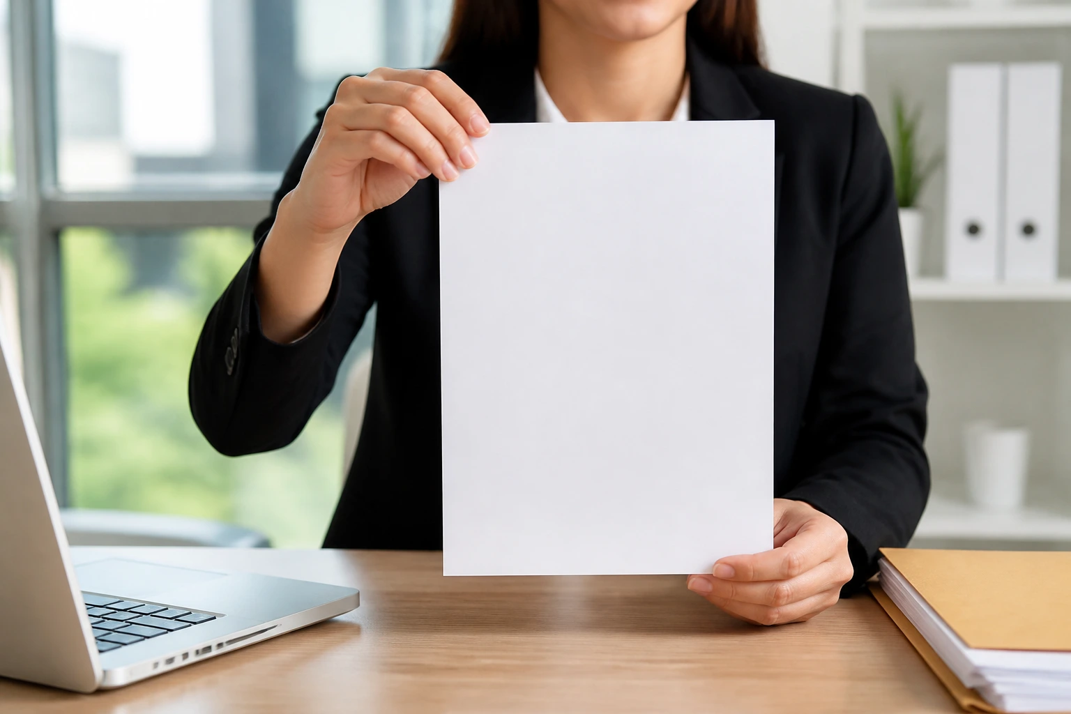 Portrait of a person with a blank cover letter sheet in a bright office