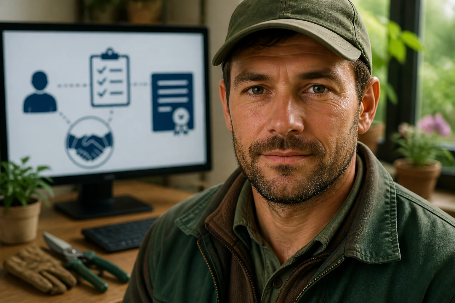 Close-up of a gardener in work attire with sponsorship icons on a blurred screen