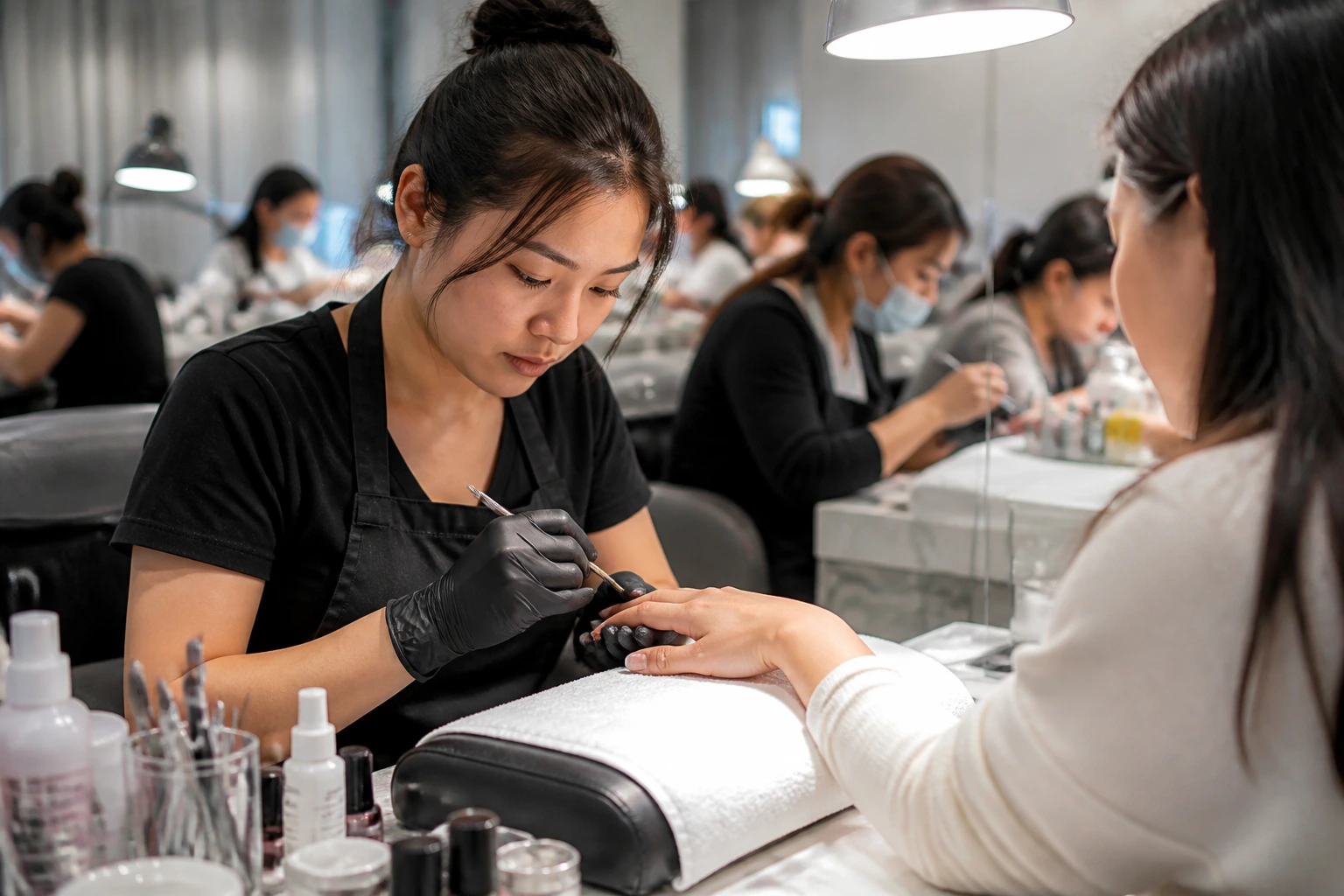 Nail technician performing a service during a working interview in a busy salon.