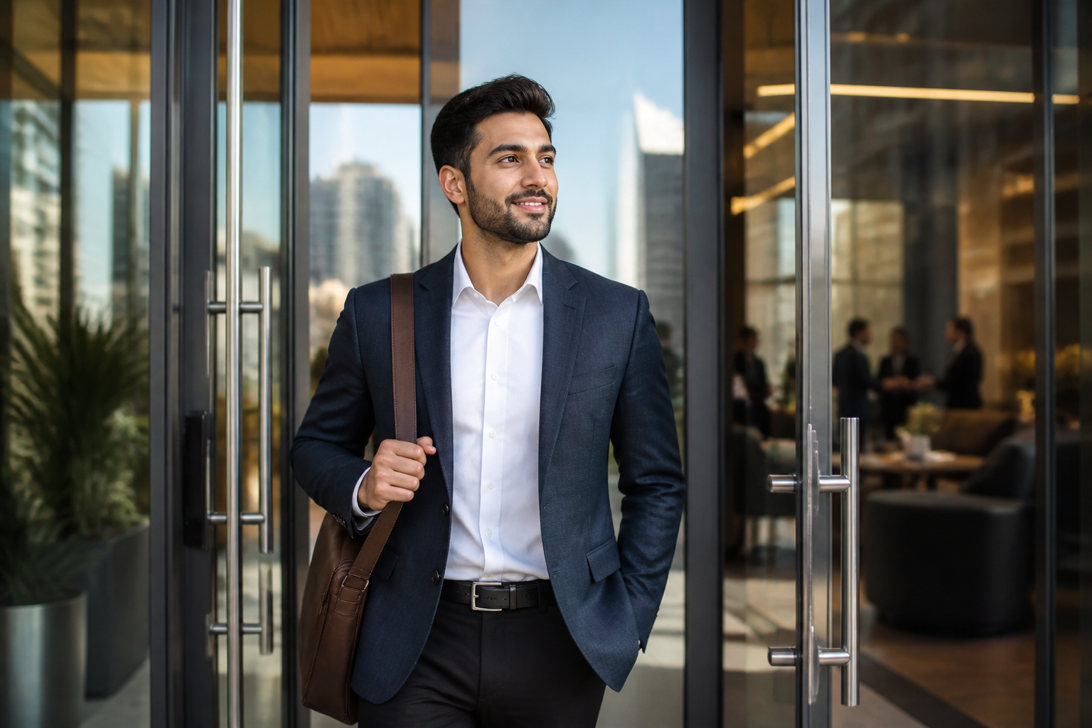 International professional walking into a modern US office after landing a visa sponsorship job