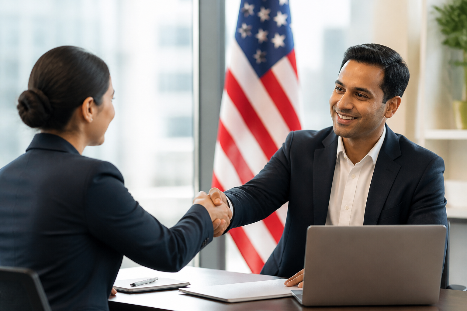 Employer and candidate shaking hands over a visa sponsorship job offer with a US flag behind them