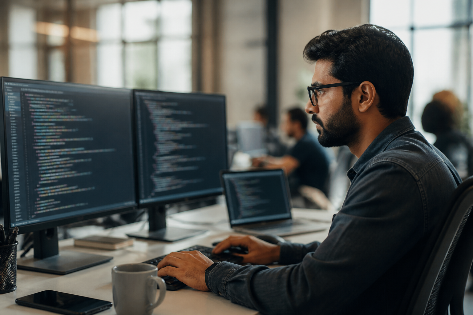Software engineer working in a US tech office on an H-1B visa sponsorship job