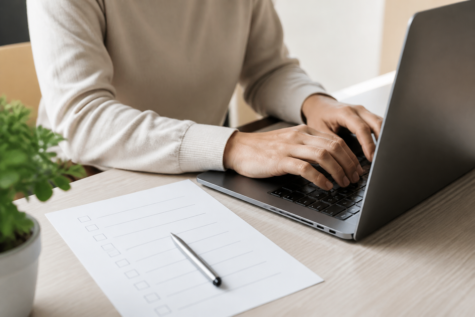 Applicant filling out a visa sponsorship job application beside a checklist