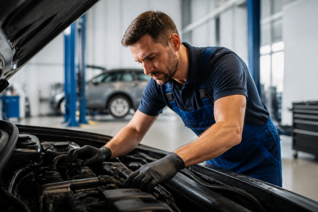Auto mechanic inspecting a car engine in a repair garage