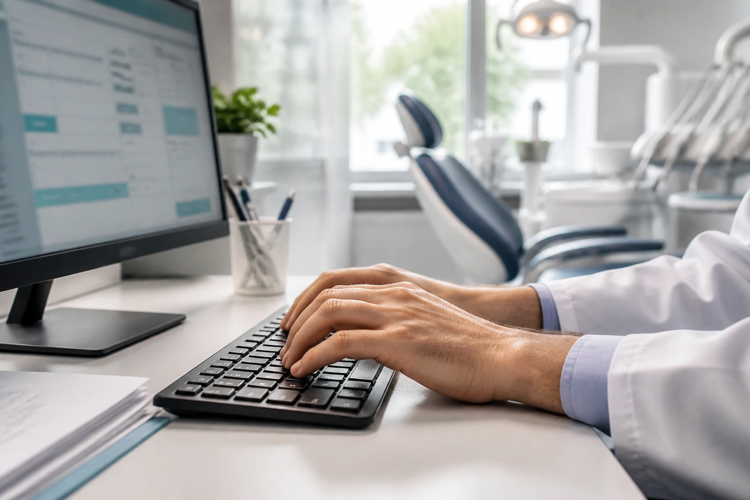 Close-up of a dentist's hands typing on a keyboard in a clinic, screen with abstract UI, no text