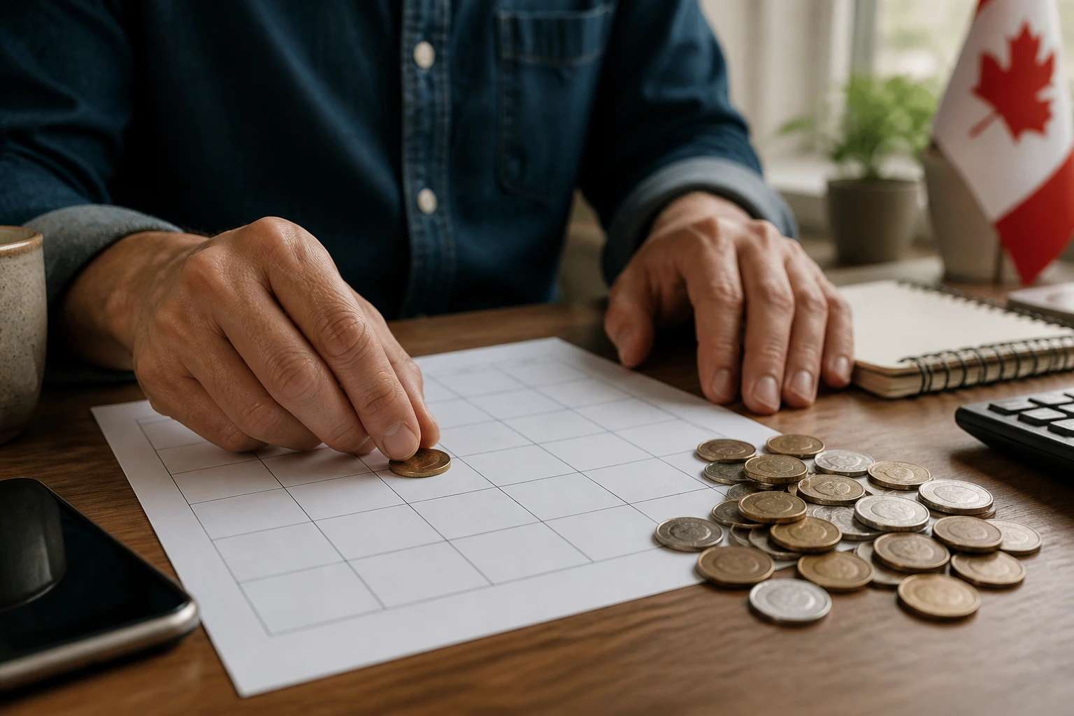 Close-up of hands with coins and a blank calendar grid representing budgeting costs and timelines for moving to Canada