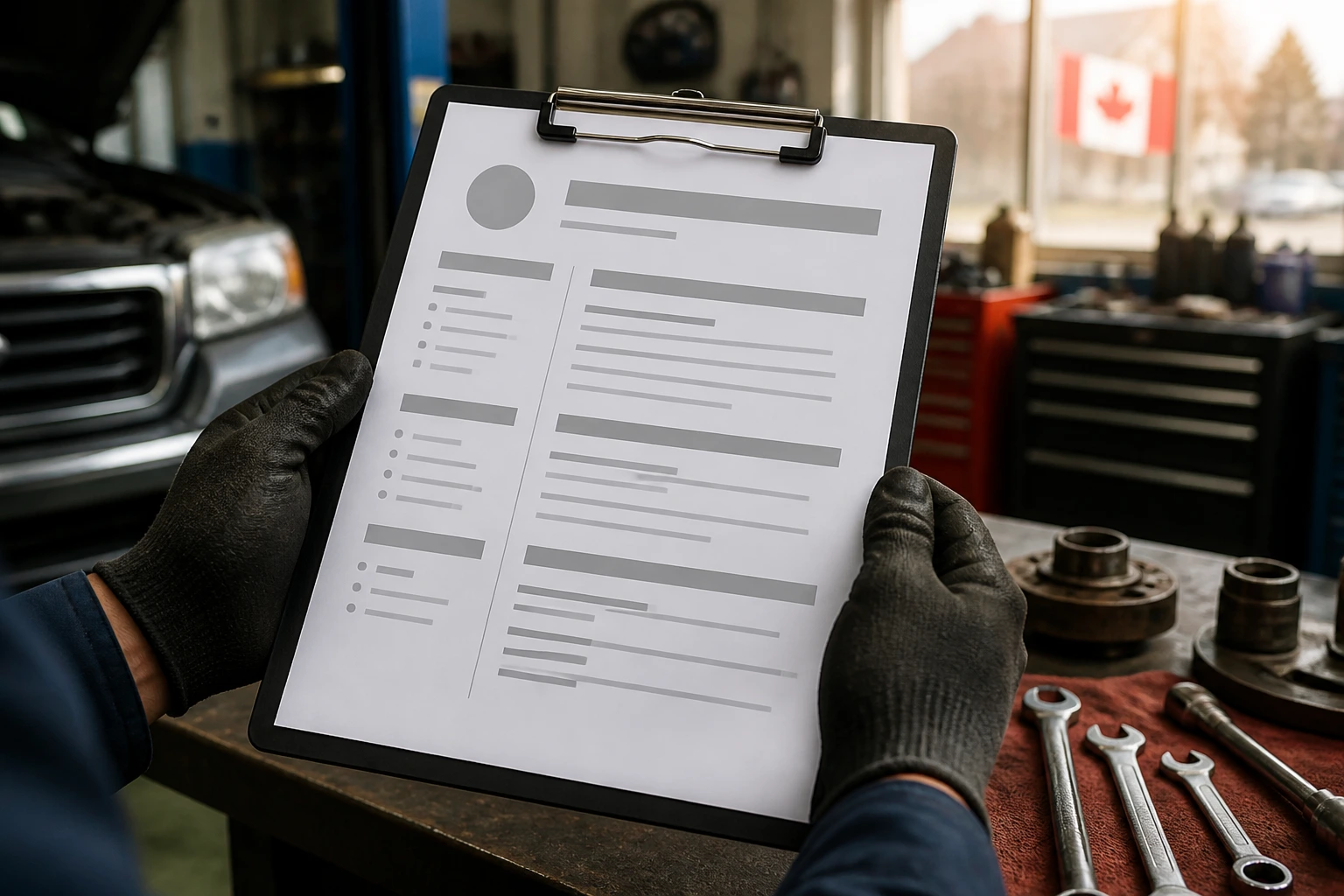 Close-up of a text-free resume outline on a clipboard in a garage workshop