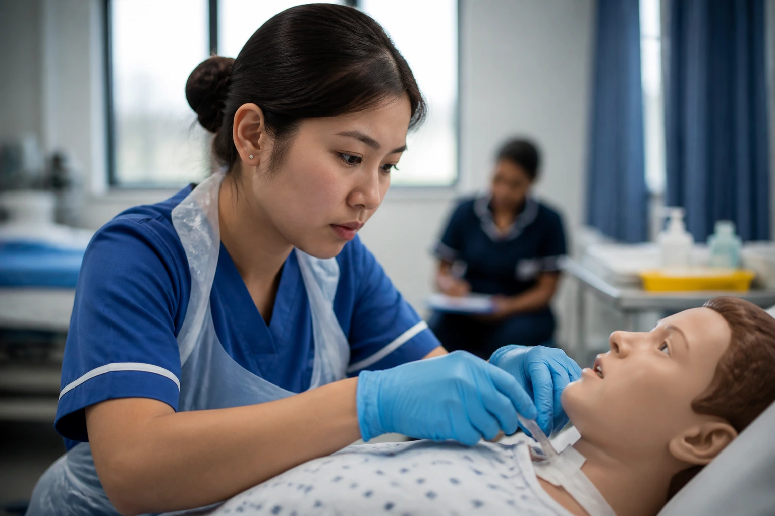 Nurse performing clinical skill at an OSCE station with a mannequin in a training room