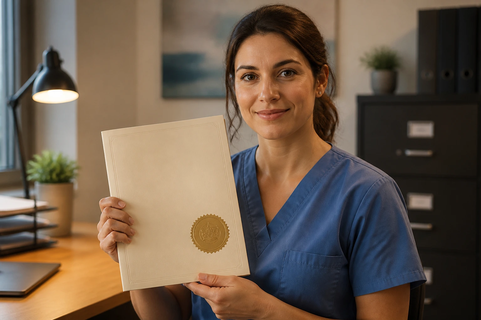 Professional holding an official folder implying sponsorship in an office