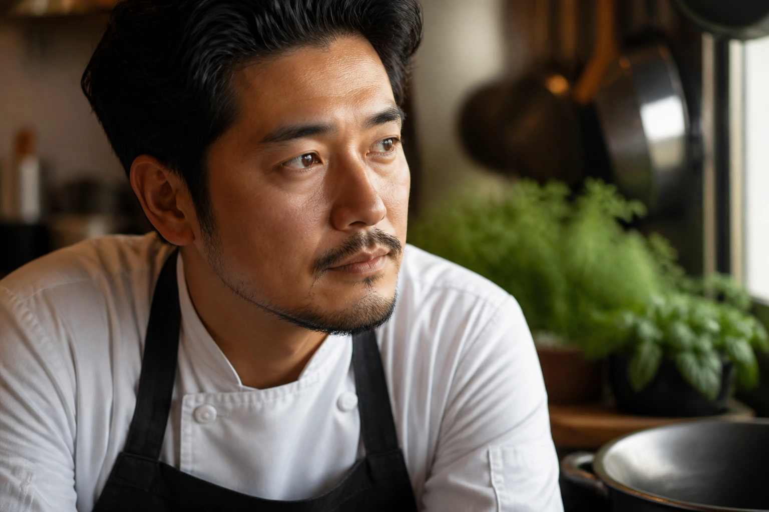 Portrait of a chef contemplating cultural shift in a warm kitchen