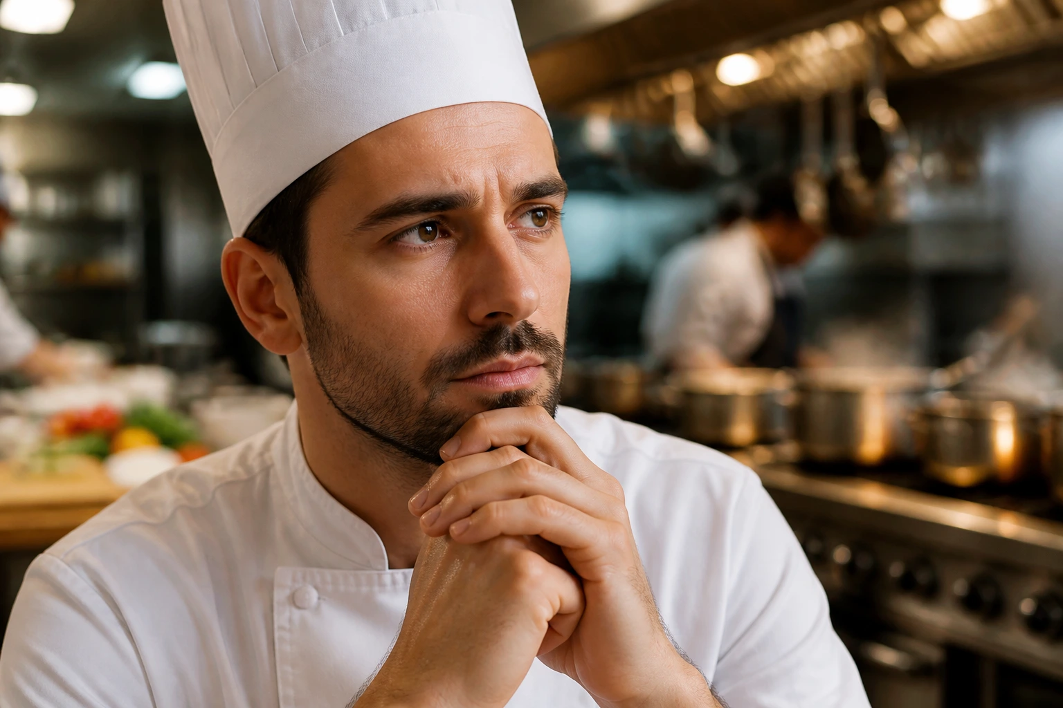 Thoughtful chef in busy kitchen weighing pros and cons