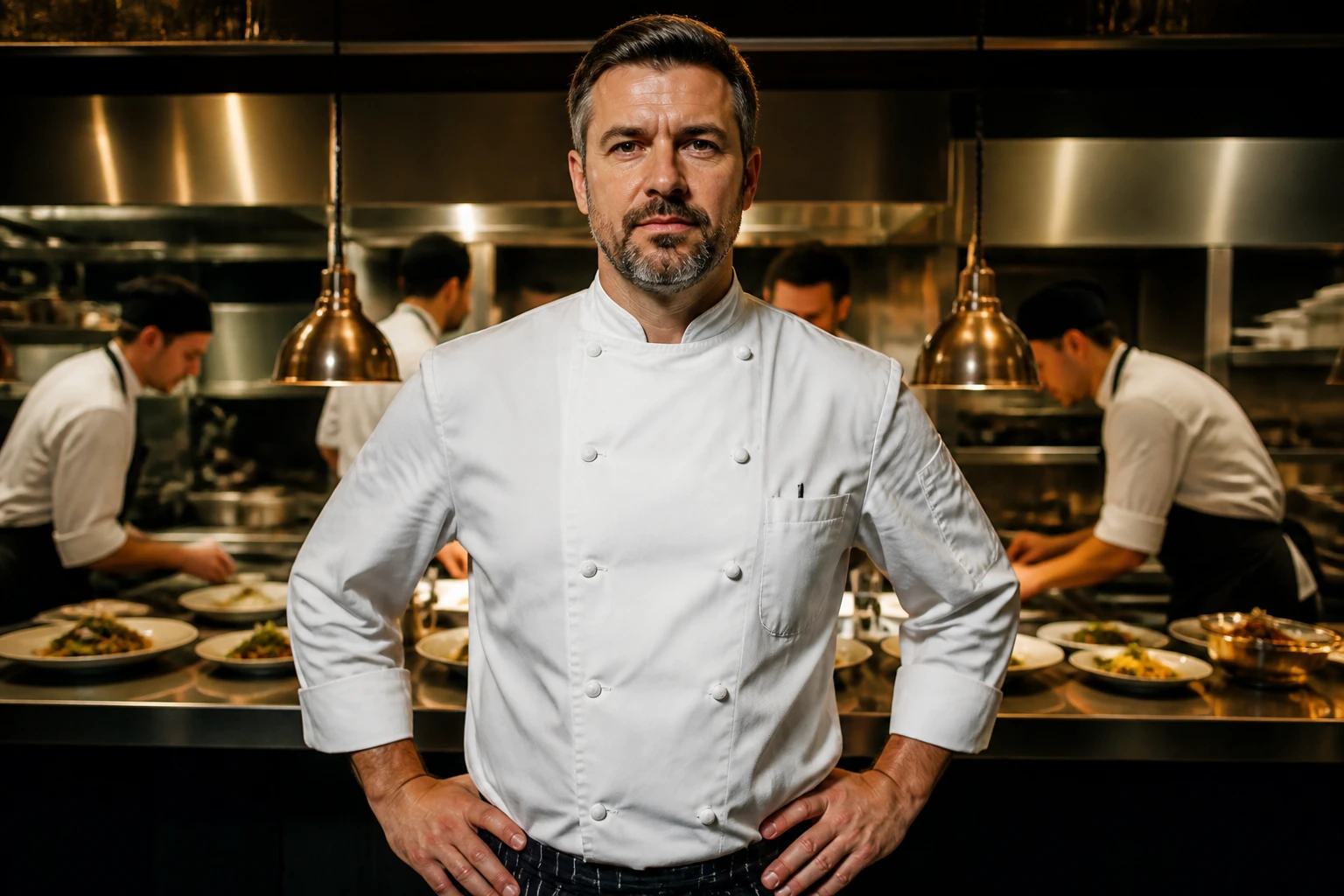 Head Chef portrait dominating a busy kitchen, symbolizing visa sponsorship roles