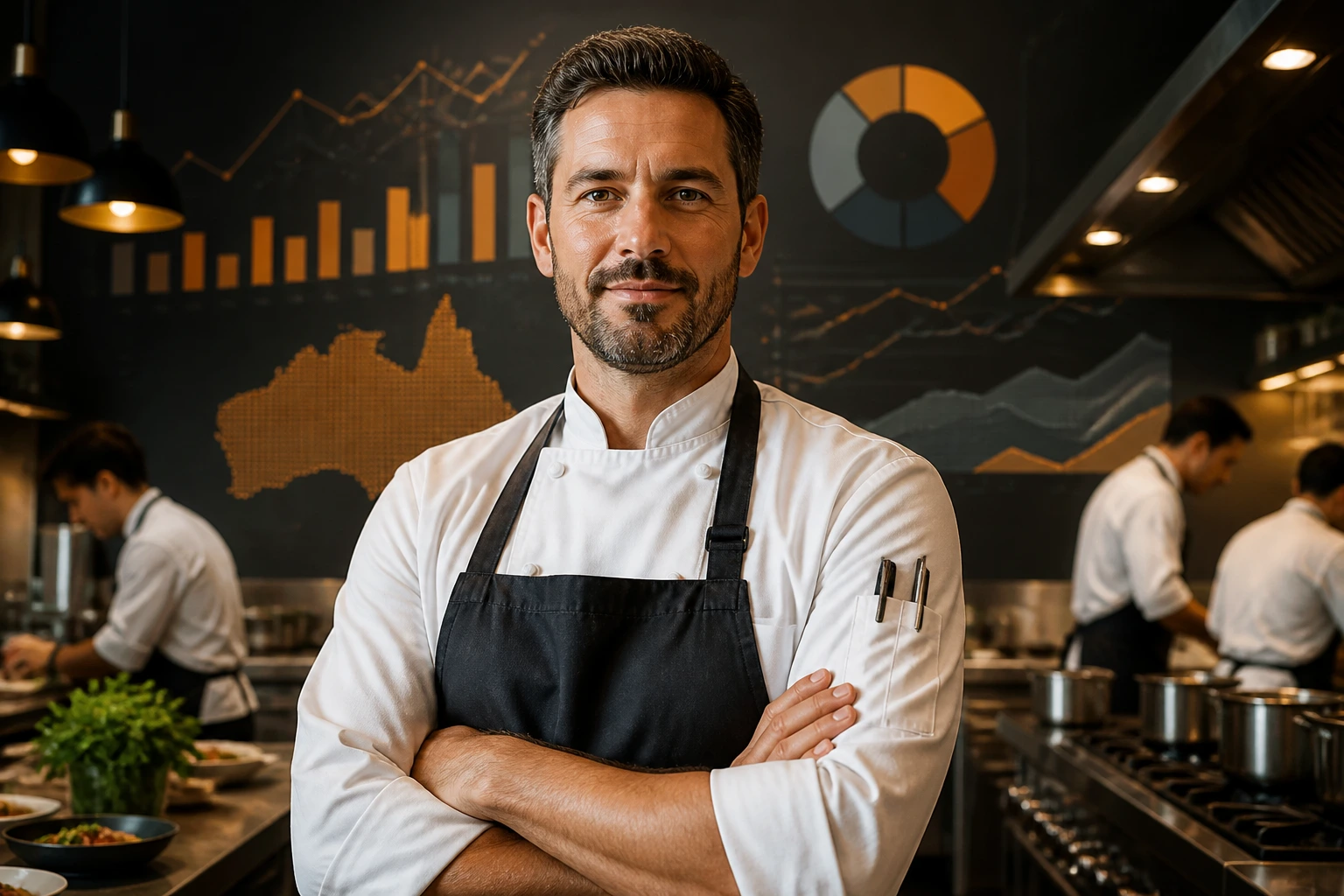 Professional chef in a kitchen with abstract data-inspired background