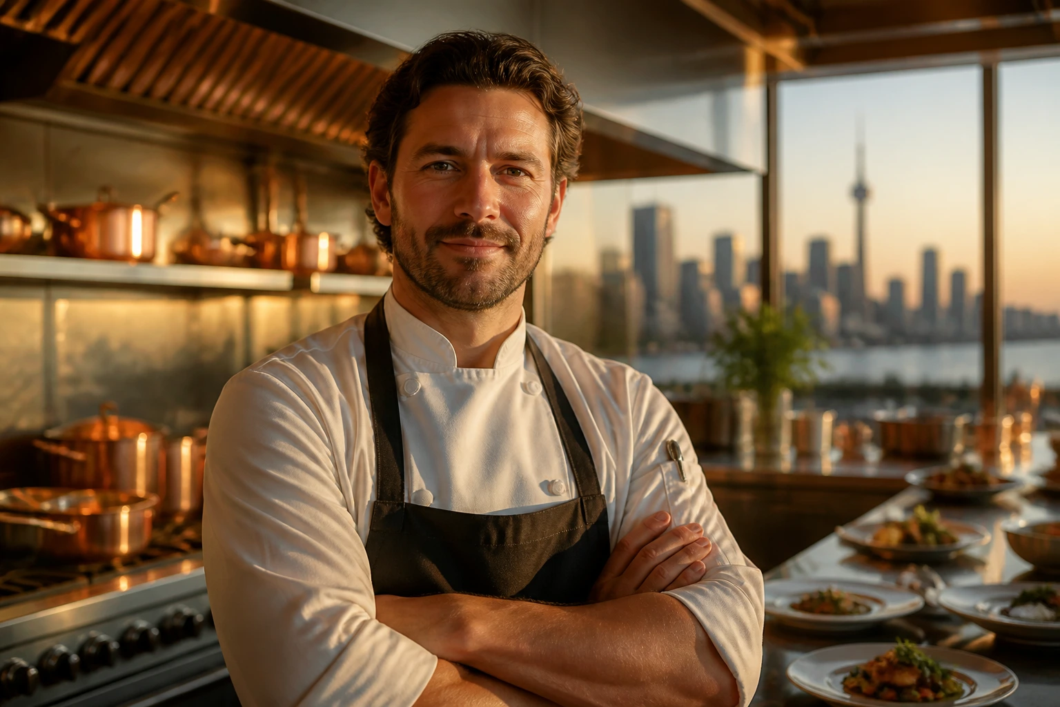 Chef portrait in upscale kitchen conveying salary and benefits in Canada