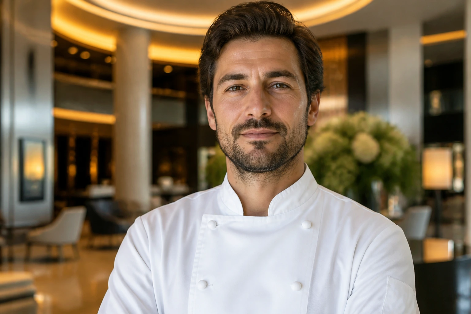 Portrait of a chef candidate in a hotel lobby seeking sponsorship