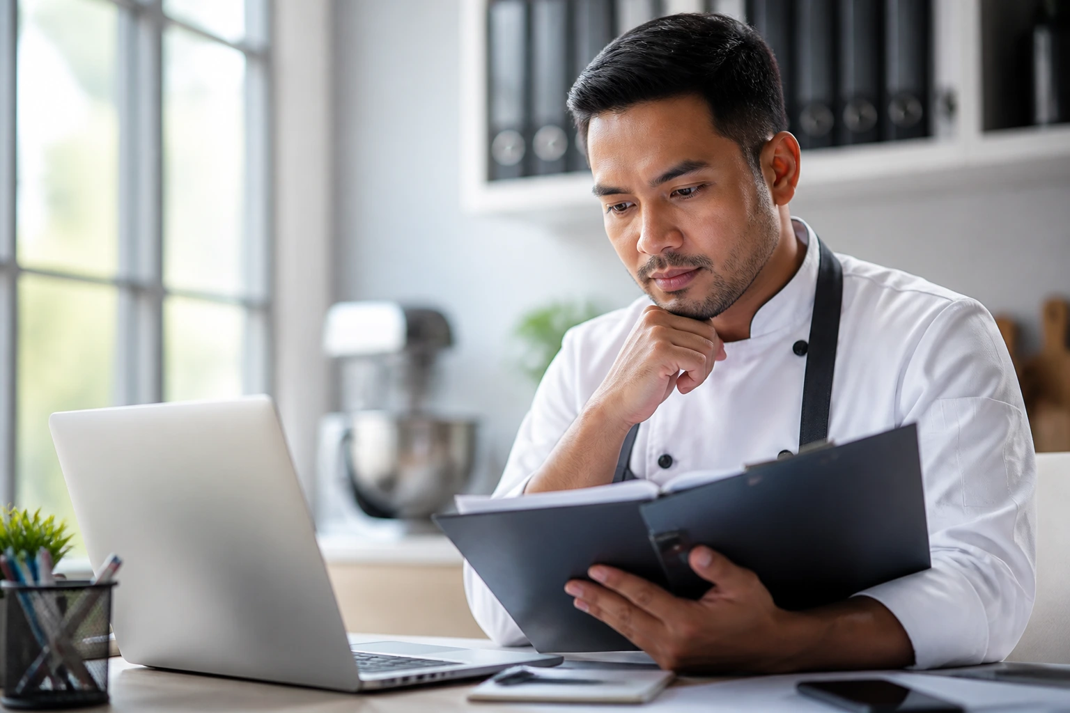 Chef examining documents at a bright kitchen-office desk