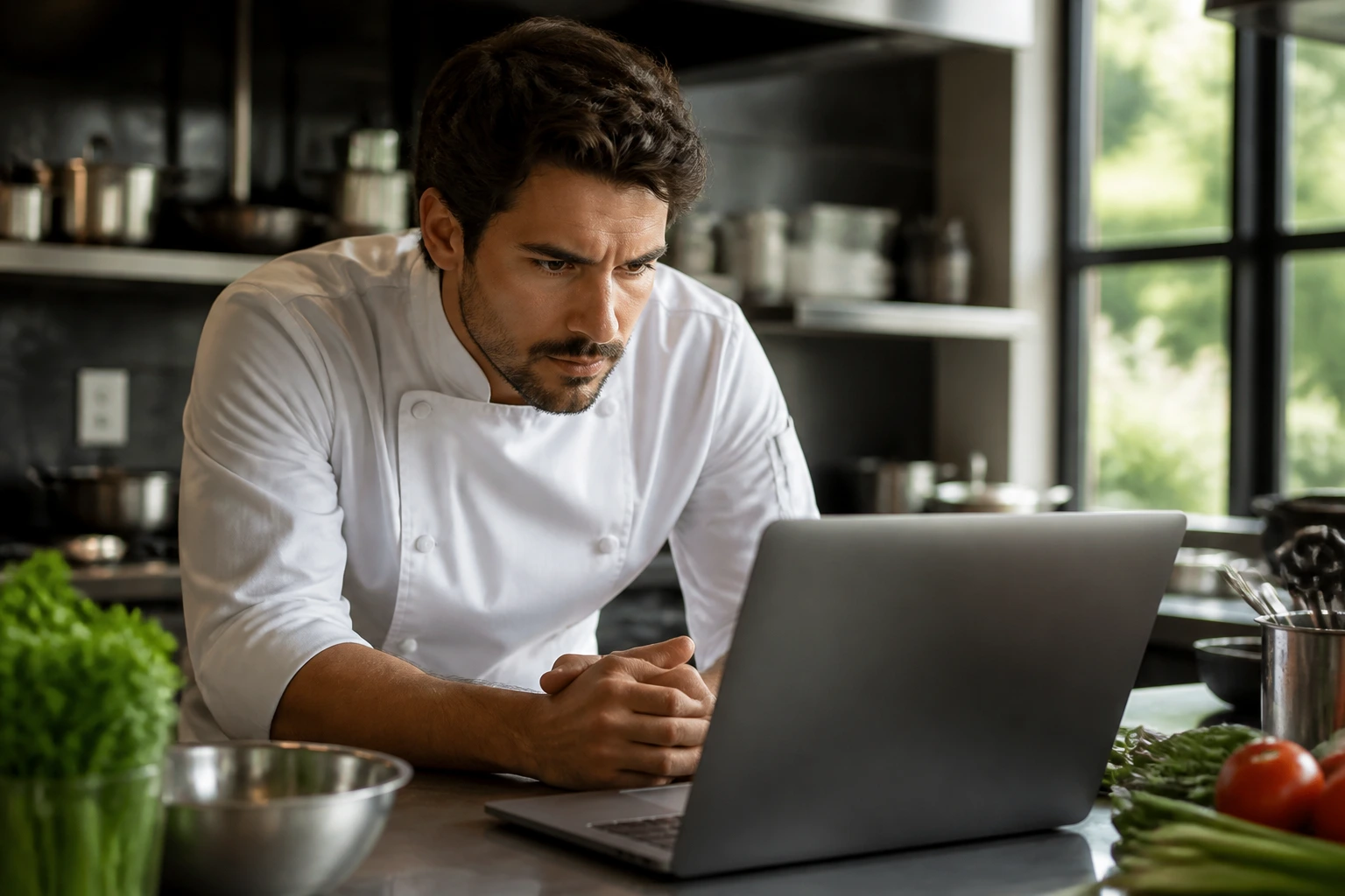 Chef studying English test for chef visa in kitchen, close-up portrait