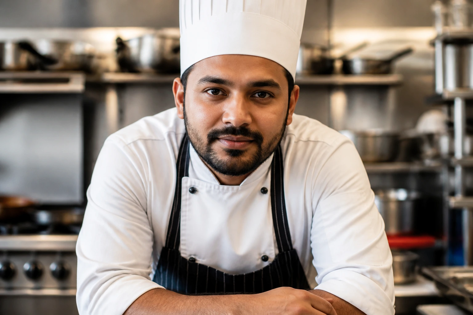 Confident chef in modern kitchen considering visa sponsorship