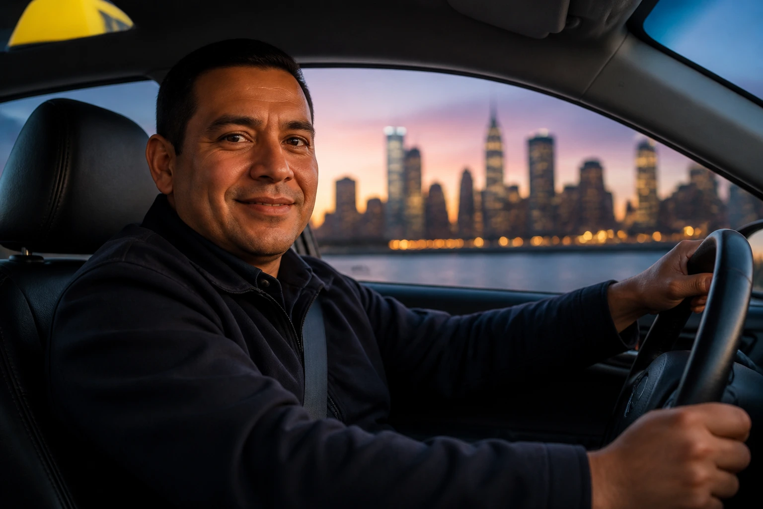 Taxi driver in cab with city skyline background