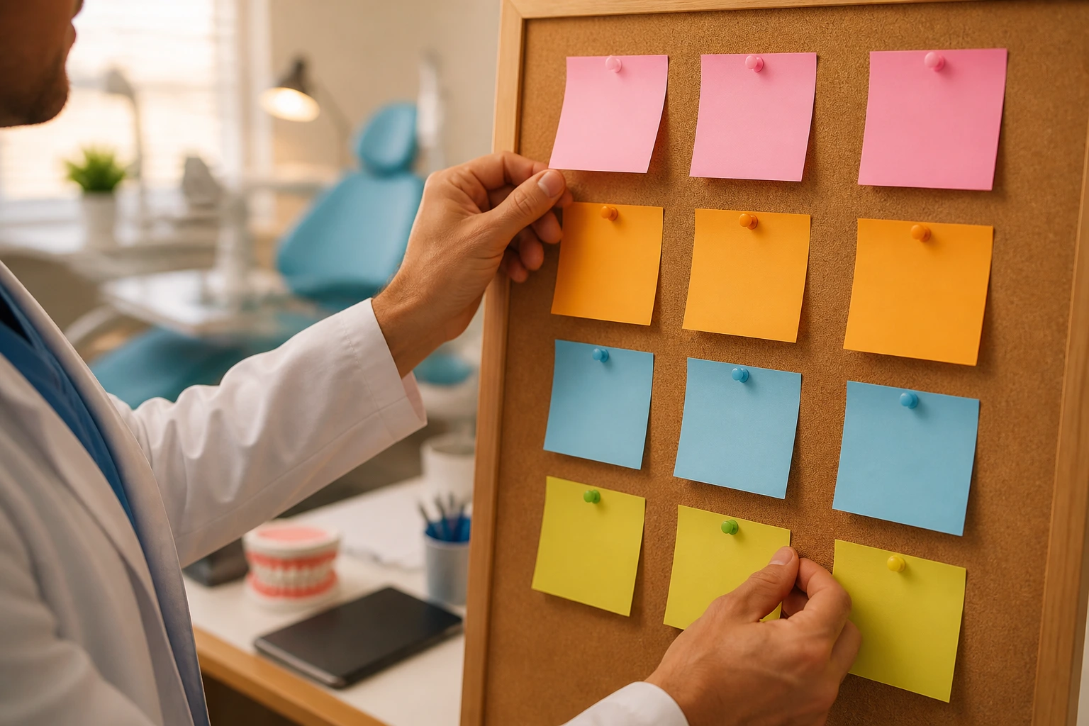 Dentist organizing blank color-coded sticky notes on corkboard in clinic
