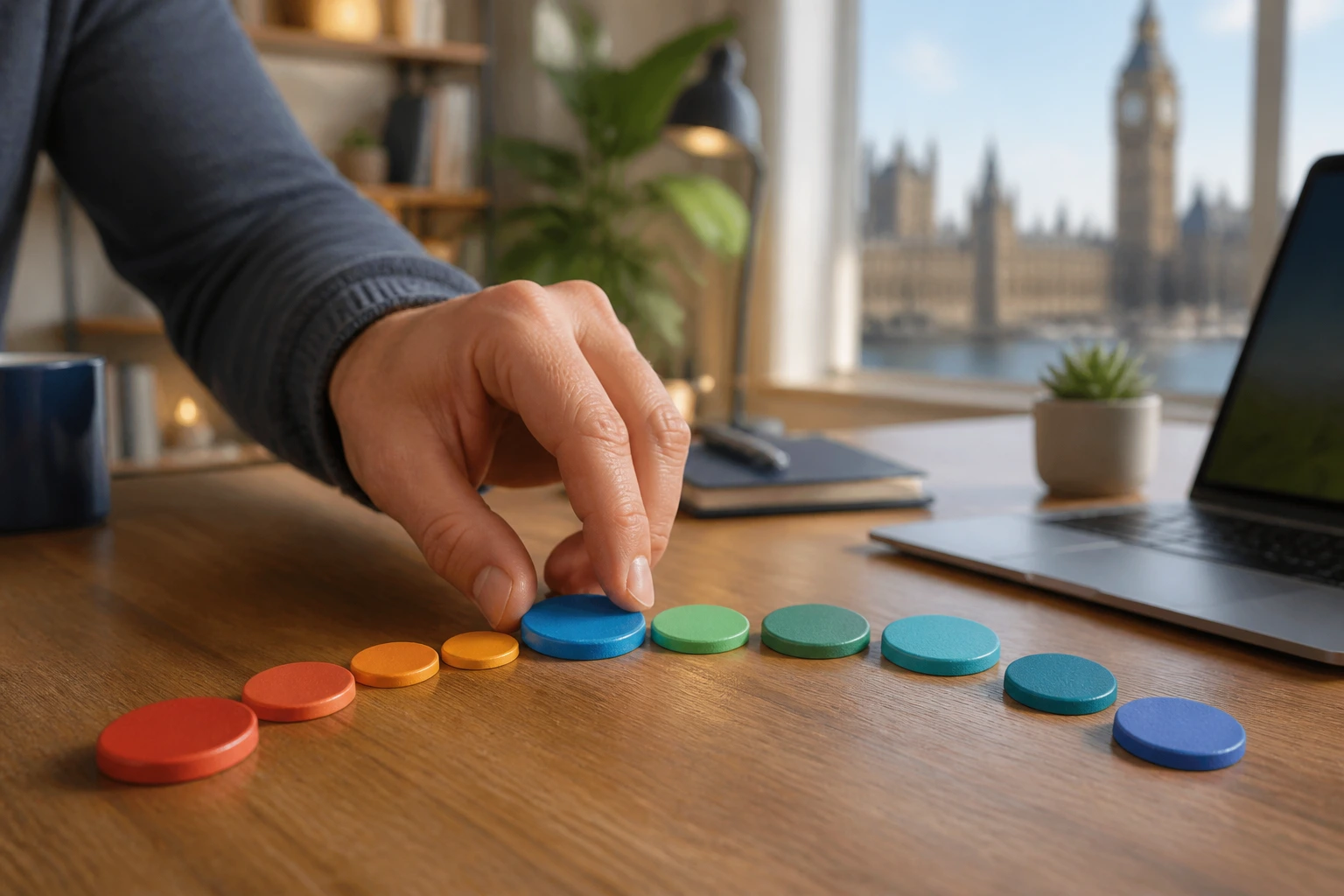 Close-up of hand arranging color tokens on desk to symbolize costs and timelines