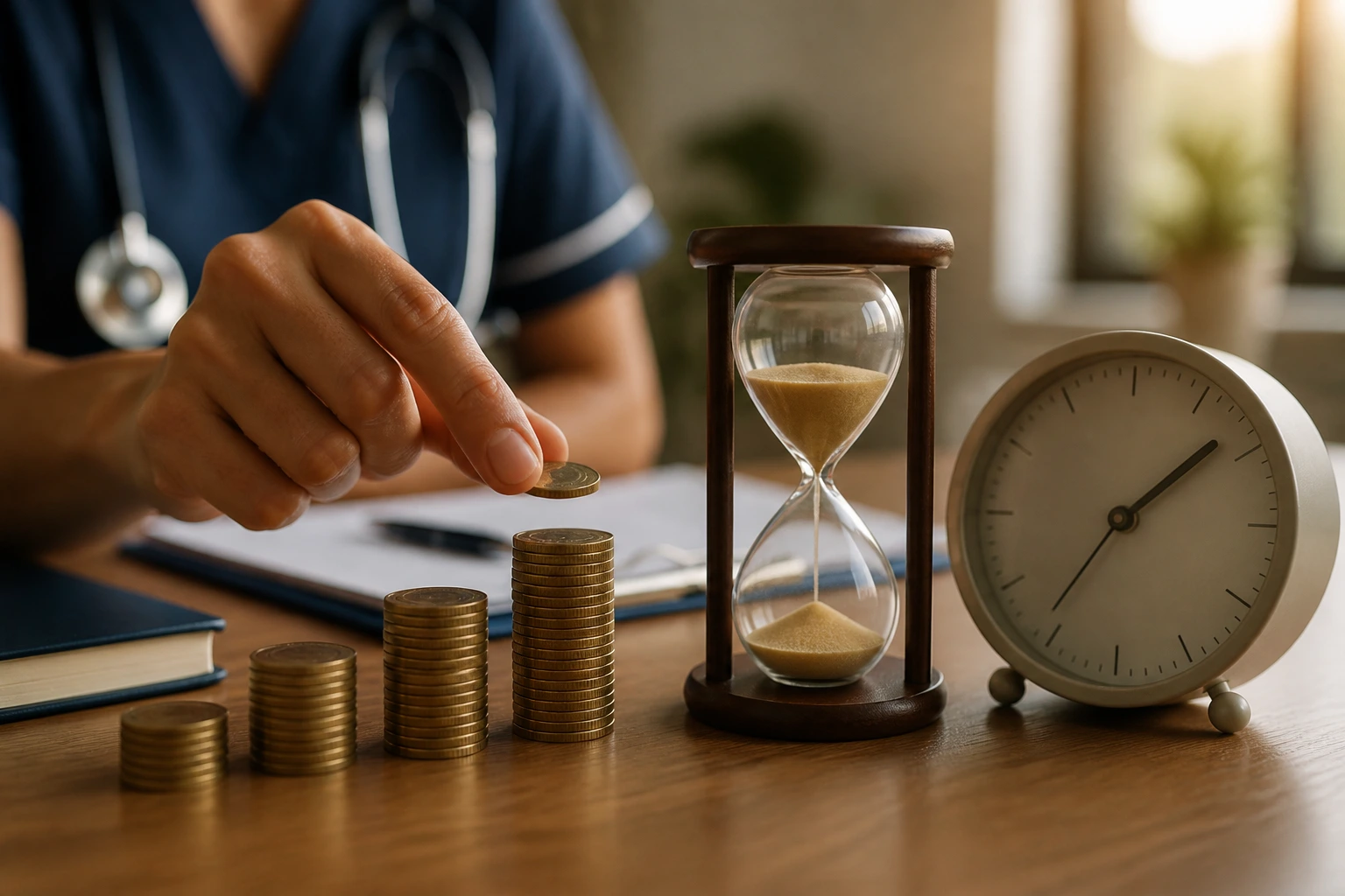 Close-up desk with coins, hourglass, and minimalist clock to evoke costs and timelines