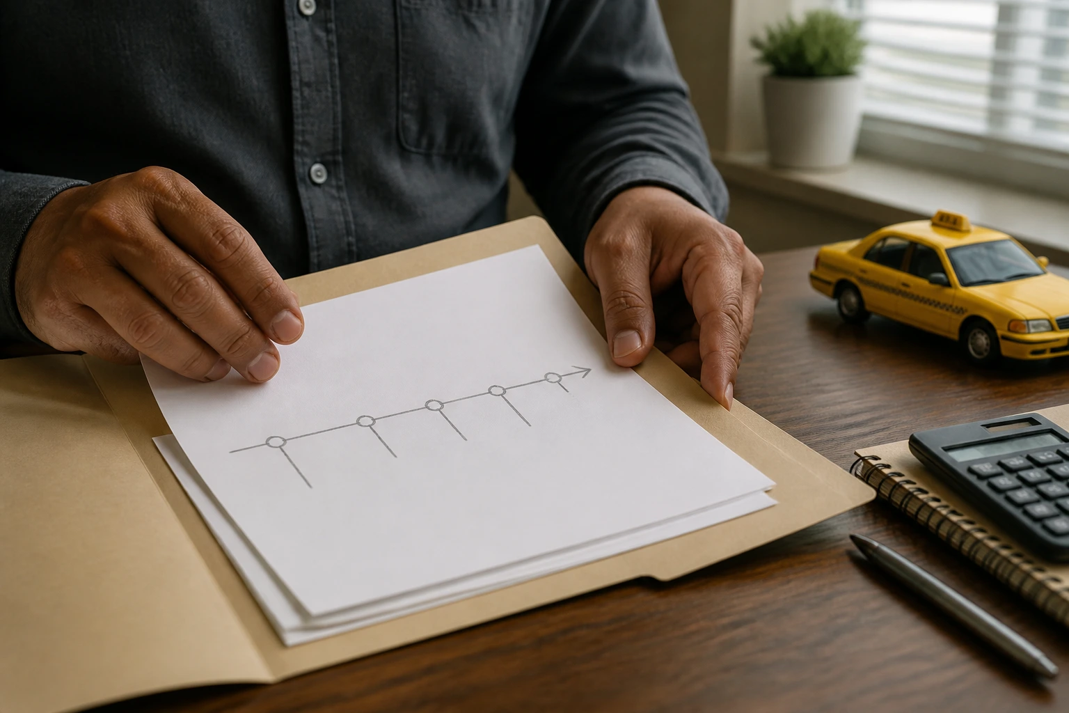 Close-up of hands with blank papers and a hand-drawn timeline to illustrate costs and timelines