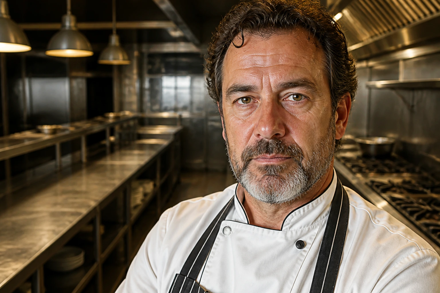Close-up of a seasoned chef with an empty kitchen behind, illustrating Australian culinary labor shortage