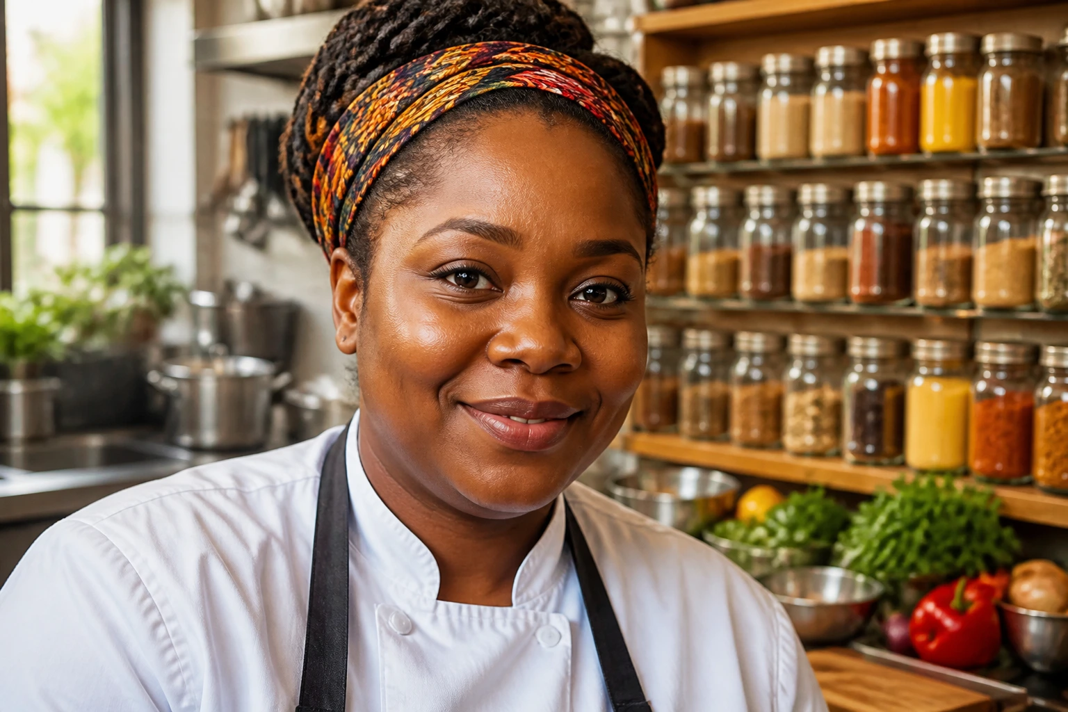 Portrait of a cook in a kitchen with a diverse spice rack in the background