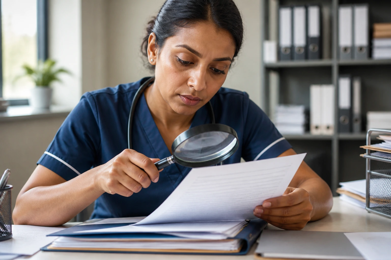 Nurse reviewing documents for DBS and professional integrity checks