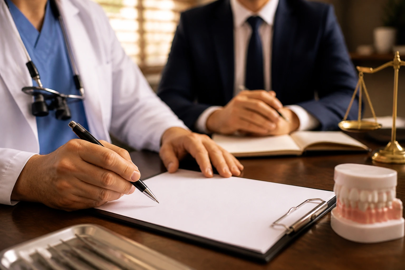 Dentist's hands on a blank contract page with a blurred legal advisor in background