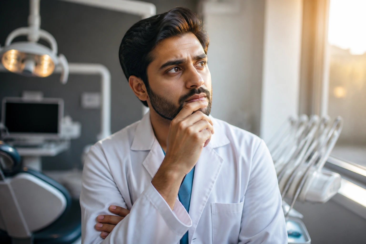 Dentist portrait contemplating challenges of UK dentistry