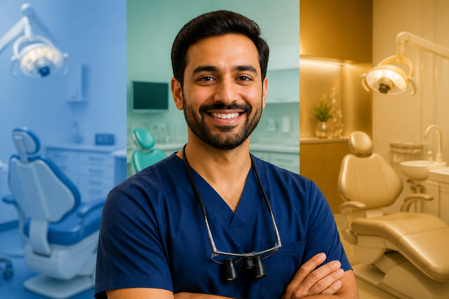 Dentist portrait in clinic with color blocks symbolizing salary models.