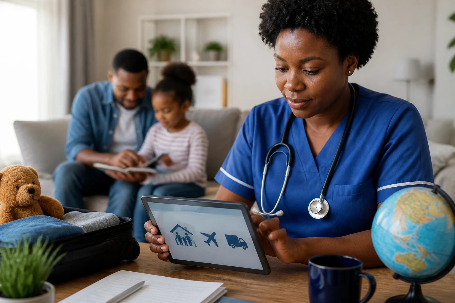 Nurse planning relocation with family in a home study space