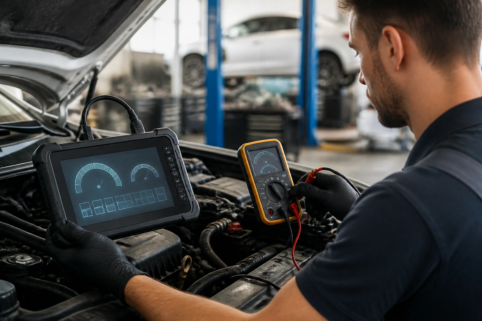 Technician using diagnostic tools in a modern auto shop