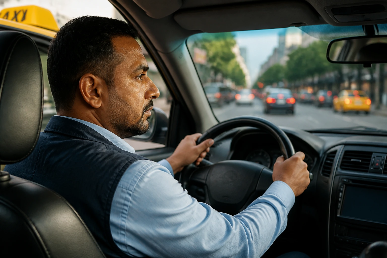Taxi driver trainee in car focusing on driving with road ahead