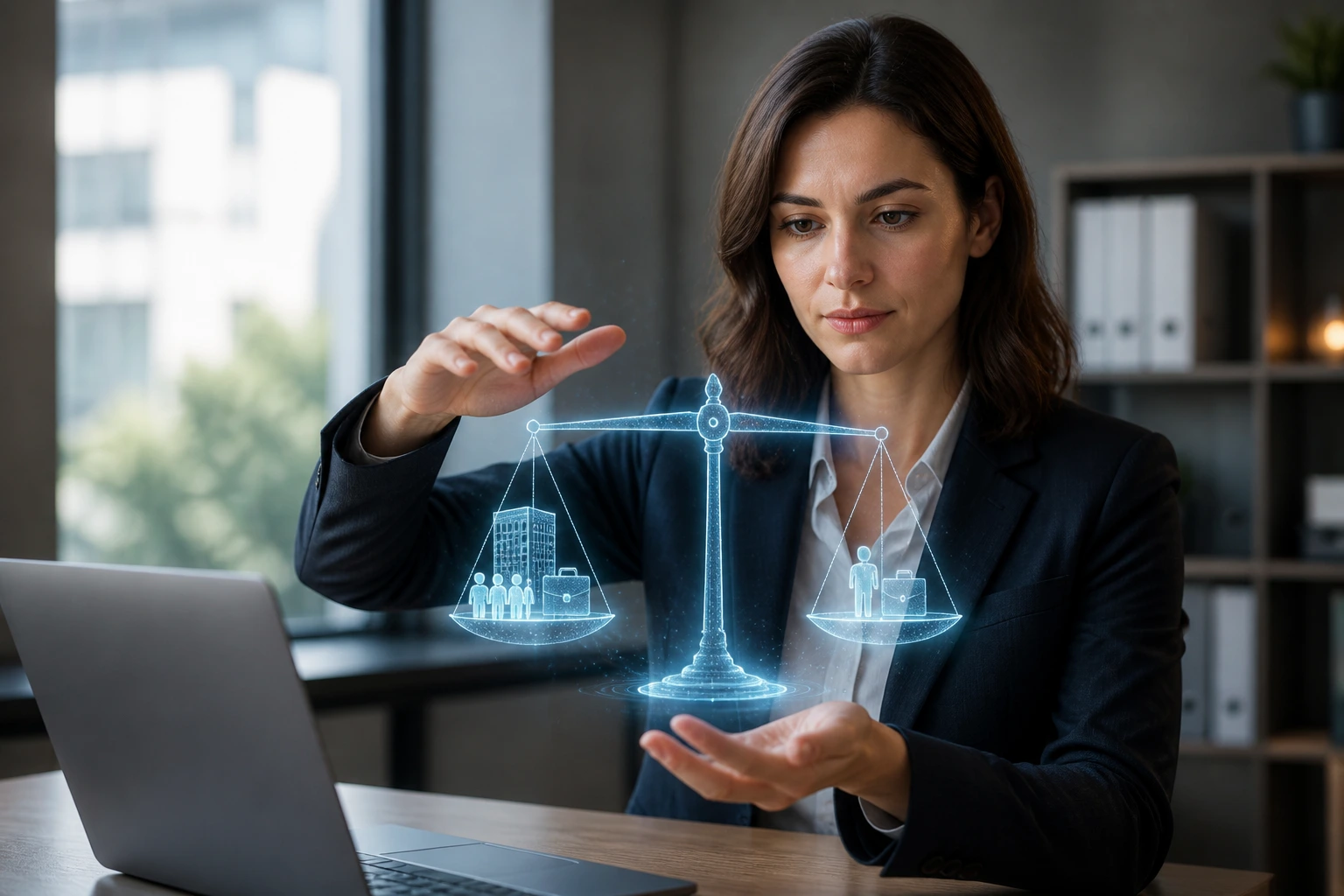 Businessperson with holographic cost icons illustrating employer vs worker costs