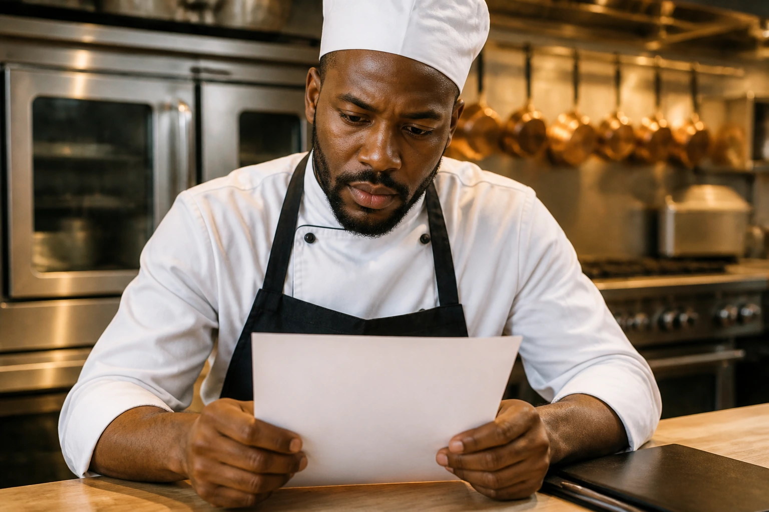Chef examining a blank contract sheet in a kitchen setting